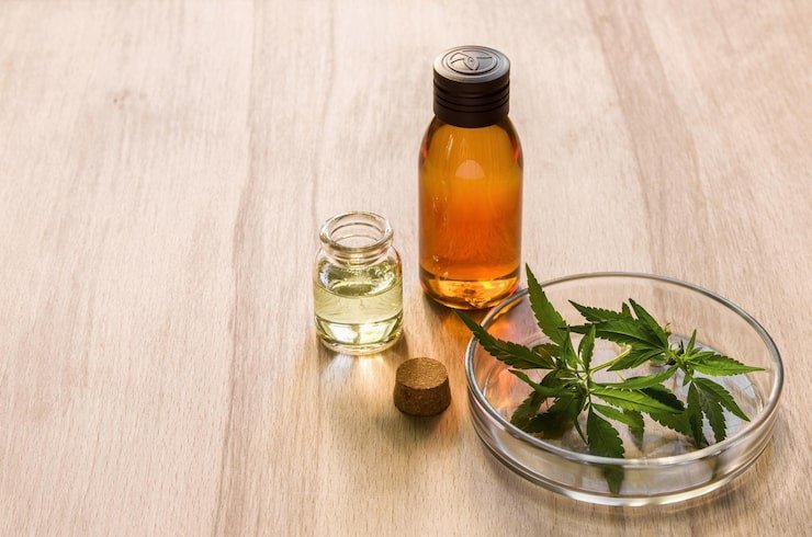 cannabis green leaf petri dish water hemp oil bottle wooden table background 719153 720